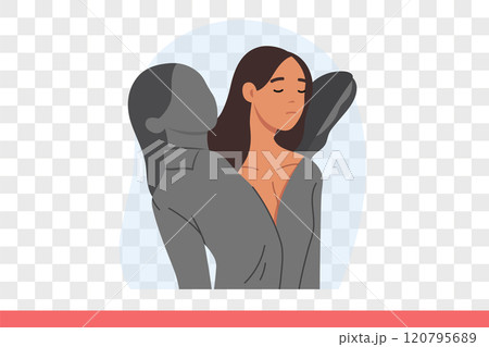 Girl with mental health problems is breaking out of old shell, symbolizing destruction personality Girl with mental health problems is breaking out of old shell, symbolizing destruction personality 120795689