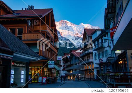ヴェンゲンから　モルゲンロートに染まるユングフラウを見上げる　グリンデルワルト　スイス 120795695