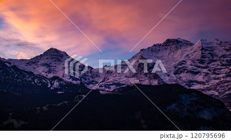 ミューレンから　モルゲンロートに染まるユングフラウを望む　グリンデルワルト　スイス 120795696