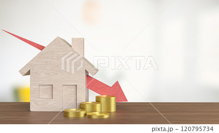 The Wood house and red arrow down for property or building concept 3d rendering. 120795734