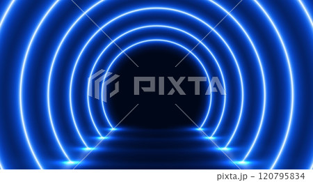 Neon glowing arch tunnel, futuristic room with led corridor, modern background. Neon glowing arch tunnel, futuristic room with led corridor, modern background. 120795834