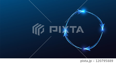 Circular flow concept with glowing digital arrows forming a seamless loop on dark blue background.  120795889