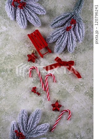 Festive holiday winter decorations on snow 120796241