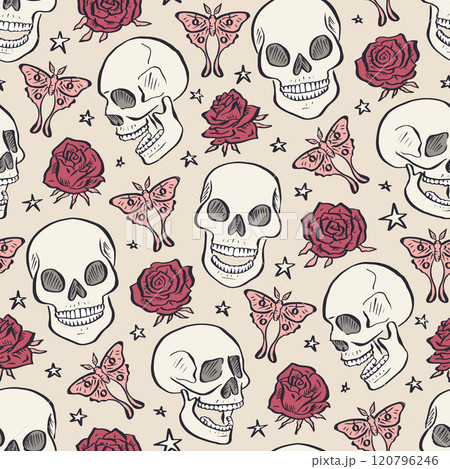 Seamless pattern with hand drawn inky floral skulls surrounded by luna moths and roses Seamless pattern with hand drawn inky floral skulls surrounded by luna moths and roses 120796246