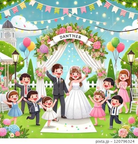 遊園地で風船を持って着ぐるみと記念撮影する結婚式 遊園地で風船を持って着ぐるみと記念撮影する結婚式 120796324