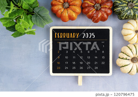 View from above to simple February 2025 calendar decorated with pumpkins. 120796475