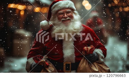 Santa Claus spreads joy with gifts in a snowy holiday market setting. Generative AI 120796663