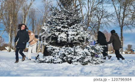 Happy schoolgirls have fun during winter break playing hide and seek by a snow covered fir tree in the urban park Happy schoolgirls have fun during winter break playing hide and seek by a snow covered fir tree in the urban park 120796984
