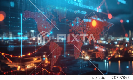 A computer screen shows a map of the world with red and blue lines 120797068