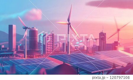 A city skyline with a large number of wind turbines and solar panels 120797108