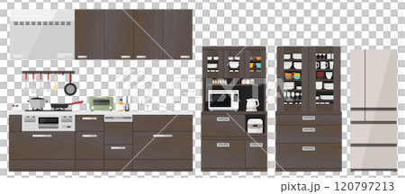 木紋系統廚房向量插圖集廚房烹飪烹飪模型房櫥櫃爐灶洗碗機 120797213