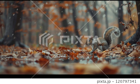 A squirrel is standing in the rain in a forest 120797341