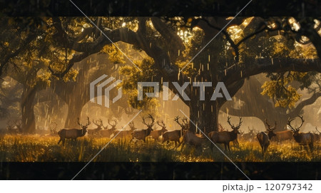 A herd of deer are walking through a forest 120797342