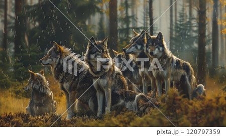 A group of wolves standing in a forest 120797359