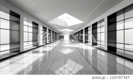 Modern Minimalistic White Corridor with Skylights 120797387