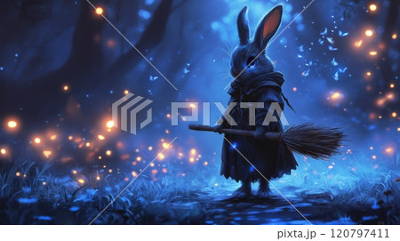 A rabbit is standing in a forest with a broom in its hand 120797411