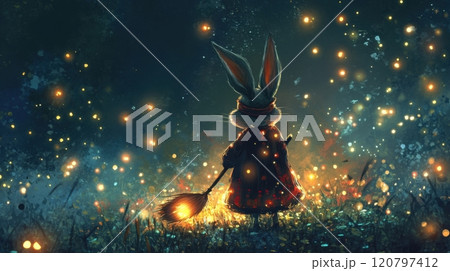 A rabbit is standing in a field of glowing lights 120797412