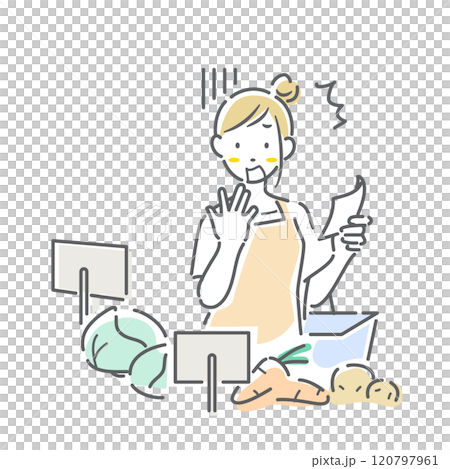食品部一位震驚的購物女士 — 簡單而時尚的線條畫插圖 食品部一位震驚的購物女士 — 簡單而時尚的線條畫插圖 120797961