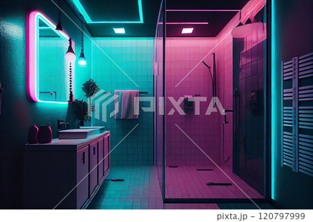 Luxury modern bathroom interior with neon lights ambient and window city view  120797999