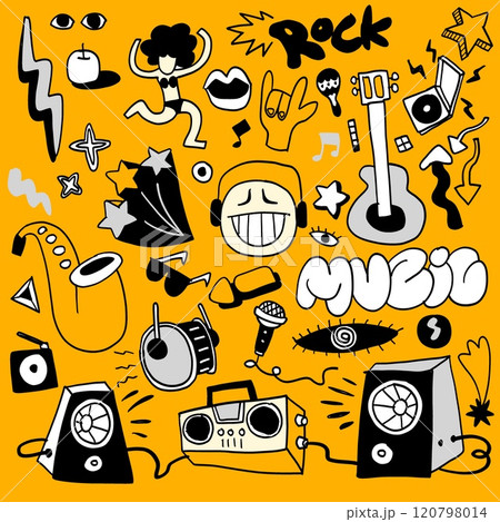 Energetic Music Doodle Collection with Instruments and Icons 120798014
