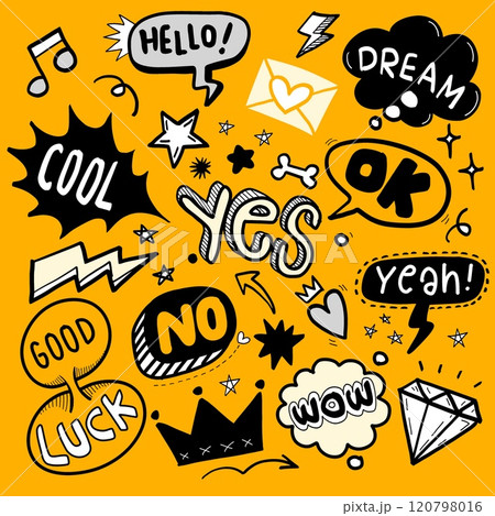 Bold Doodle Collection with Speech Bubbles and Phrases 120798016