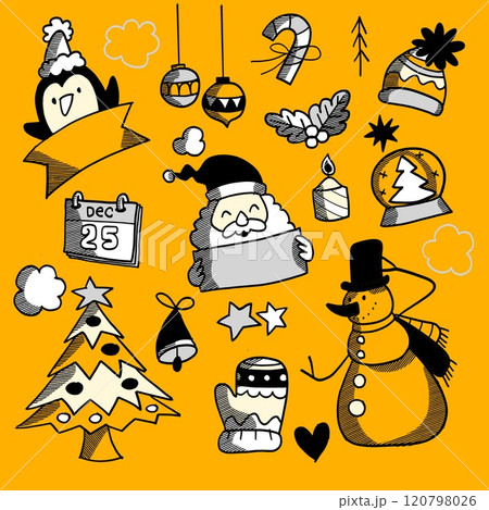 Hand Drawn Christmas Doodle Collection on Yellow Background Hand Drawn Christmas Doodle Collection on Yellow Background 120798026