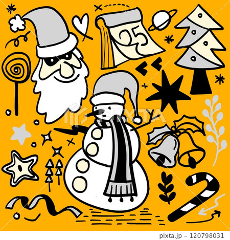 Hand Drawn Christmas Doodle Collection on Yellow Background Hand Drawn Christmas Doodle Collection on Yellow Background 120798031