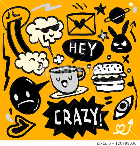 Playful Doodle Art Collection with Fun Emojis and Symbols 120798036