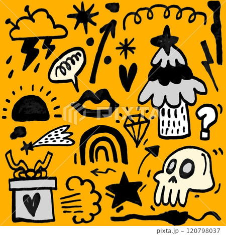 Edgy Doodle Collection with Symbols and Icons on Yellow 120798037