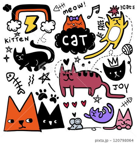 Cute Cat Doodle Collection, Isolated on White Background 120798064