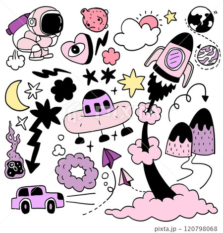 Space Adventure Doodle Collection with Astronaut and UFO, Isolated on White Background 120798068