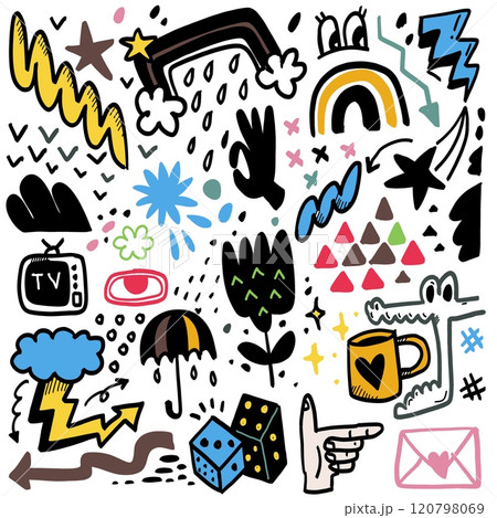 Colorful Doodle Collection with Symbols and Everyday Objects, Isolated on White Background 120798069