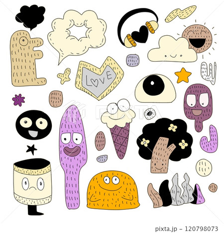 Quirky Character Doodle Collection with Fun Shapes, Isolated on White Background Quirky Character Doodle Collection with Fun Shapes, Isolated on White Background 120798073