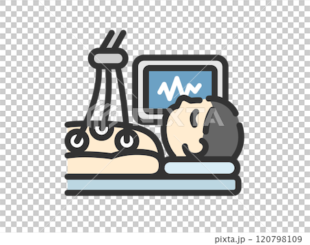 Illustration of a man icon (line drawing color) undergoing an electrocardiogram test 120798109