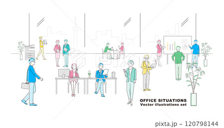 オフィス内で働くビジネスワーカー達の風景をまとめたイラストセット 120798144