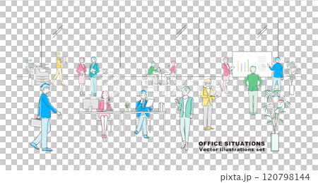 A set of illustrations of business workers working in an office 120798144