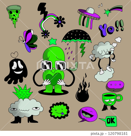 Hand Drawn Abstract Character Doodles Isolated on Brown Background 120798181