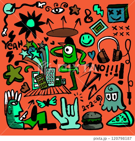 Hand Drawn Abstract Doodle Icons Isolated on Orange Background 120798187