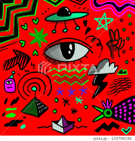 Hand Drawn Abstract Doodle Icons Isolated on Red Background 120798190