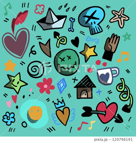 Hand Drawn Fun Doodle Icons Isolated on Teal Background 120798191