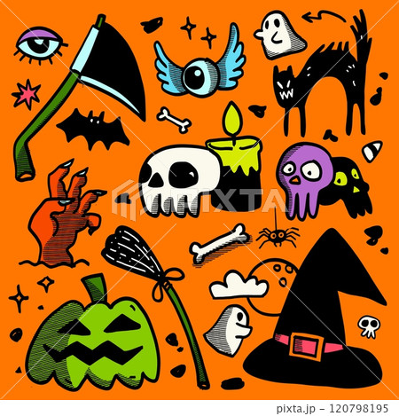 Hand Drawn Halloween Doodle Icons Isolated on Orange Background 120798195