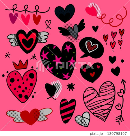 Hand Drawn Love and Heart Doodle Icons Isolated on Pink Background 120798197