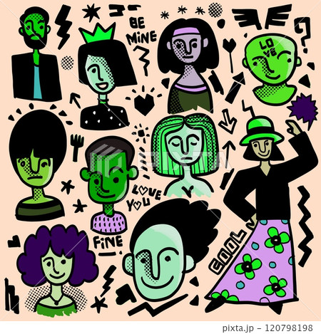 Hand Drawn Abstract Portrait Doodles Isolated on Beige Background 120798198