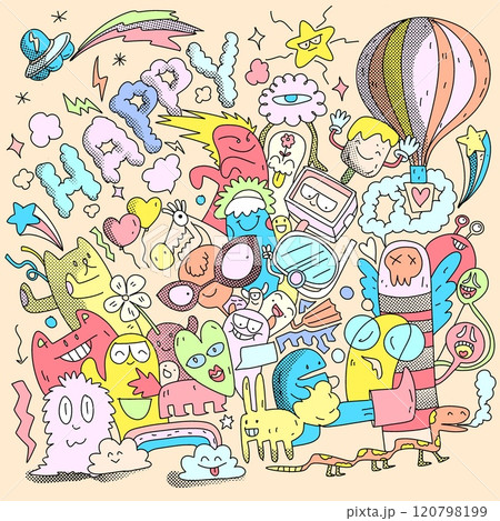 Hand Drawn Cute Happy Doodle Characters Isolated on Beige Background 120798199