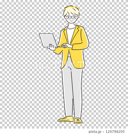 一位常設商人打開筆記型電腦的插圖 120798205