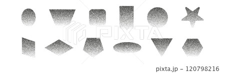 Abstract shapes with gradient and grainy noise texture. Grunge graphic forms, oval,triangle,square. Flat vector illustration isolated on white background. Abstract shapes with gradient and grainy noise texture. Grunge graphic forms, oval,triangle,square. Flat vector illustration isolated on white background. 120798216