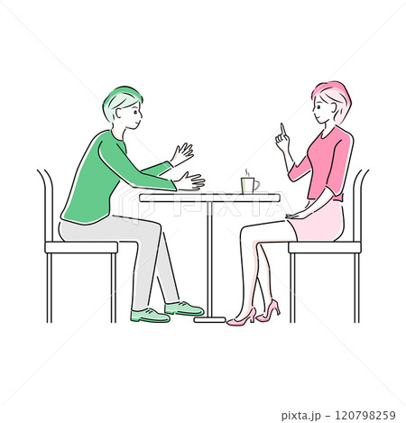 オフィスのカフェコーナーで打ち合わせをするビジネスマンとビジネスウーマン 120798259