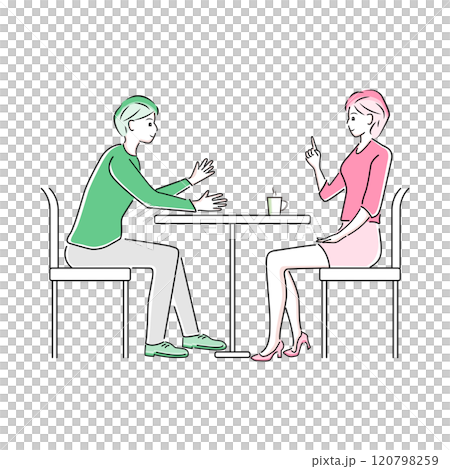 A businessman and a businesswoman having a meeting in the office cafe corner 120798259