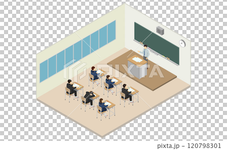 アイソメトリックイラスト：学校の教室(先生と生徒) 120798301