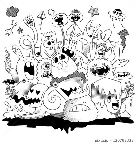Playful Monster Doodle Pile with Halftone Effect Playful Monster Doodle Pile with Halftone Effect 120798335